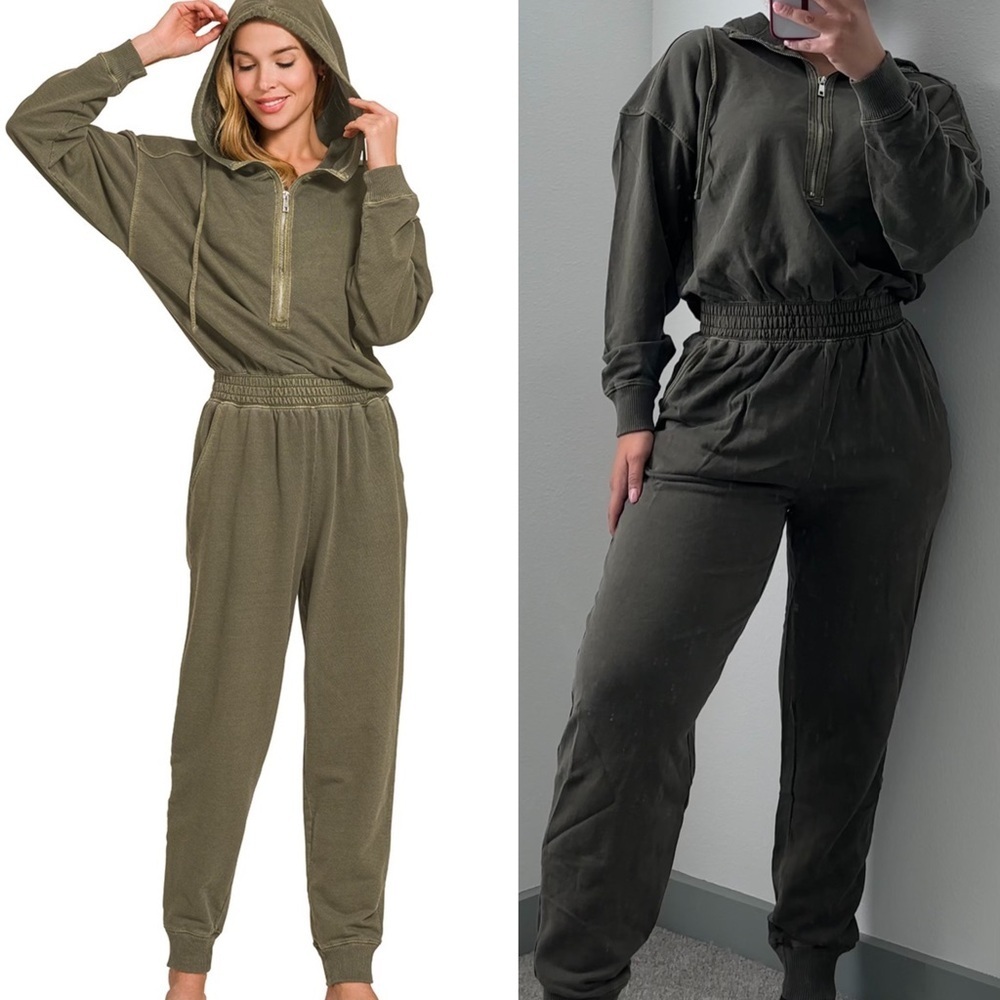 NEW Zenana Olive Green French Terry Cotton Hooded Jogger Jumpsuit Size Small